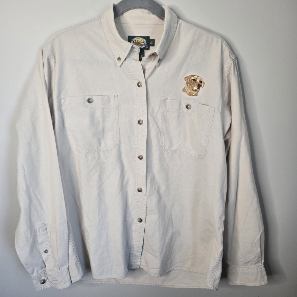 Vintage 90s Cabelas Womens Yellow Lab Embroidered Button Khaki Cotton Sz L Large